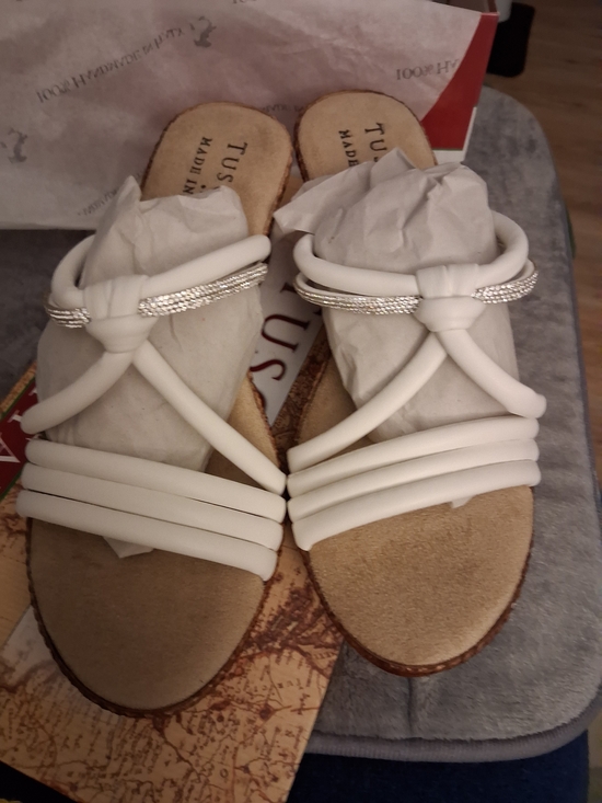 easy street Shoes - easy street White Slip-On Sandals with Silver Braid